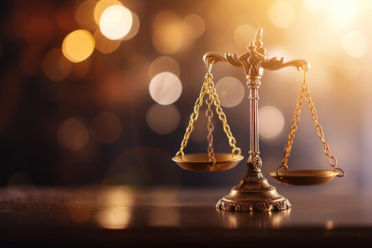 Scales of justice with a faint light glow, depicting Justice. justice concept. bokeh. Judicial gavel