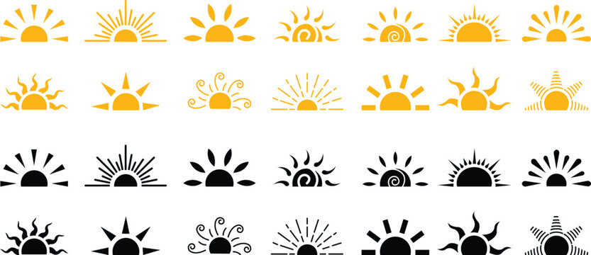 Yellow and black sun flat icon set, sunshine and solar glow sunrise or sunset. Decorative half sun and sunlight. Hot solar energy for tan. Vector isolated on transparent background. Hand drawn symbol.
