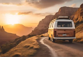 Tafelkleed A van traveling at sunset in nature on a canyon path for a road trip to adventure and freedom from Generative AI © Arceli
