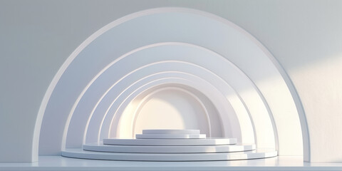 Obraz premium Minimalist White Arch Podium: A sleek and modern product display with a white background and a series of minimalist arches. Ideal for showcasing your products in a clean and elegant way. 