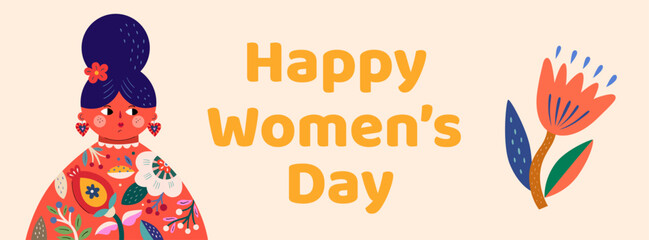  Vector bright colourful banner with woman's face for the holiday Women's day. Character design for 8th march, women's day.