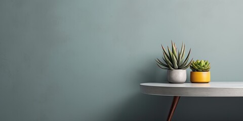 Succulent plant on table by bright grey wall.
