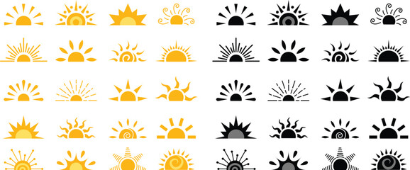 Yellow and black sun flat icon set, sunshine and solar glow sunrise or sunset. Decorative half sun and sunlight. Hot solar energy for tan. Vector isolated on transparent background. Hand drawn symbol.
