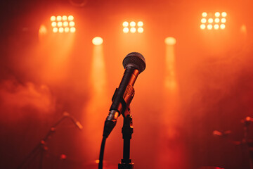 Microphone on stage with red and orange stage lights in the background