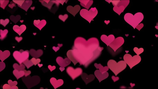 Loop video. Abstract Pink hearts on dark background. Concept: valentine's day, anniversary, mother's day, marriage. pink hearts on black background, valentine and romantic animation video.