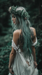 Fototapeta premium Wild young woman with green hair in the forest. Mavka concept