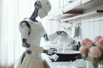 AI Modern robot performing household chores, washing dishes with precision in a home kitchen setting.