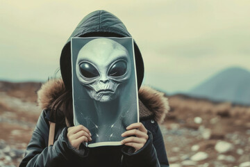 Person in a coat holding up an alien mask in a desolate landscape under a cloudy sky. Migrant disguised with an alien mask in a stark outdoor setting, conveying themes of alienation and identity.