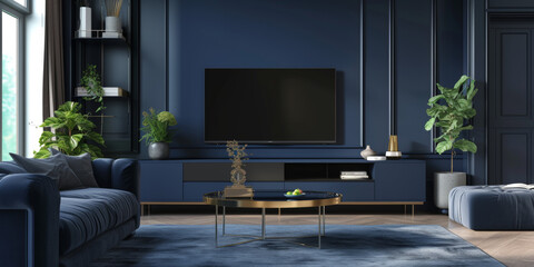 Modern Luxury Living:  A sophisticated living room with a navy blue color scheme, sleek furniture and a flat screen TV, evoking a sense of modern elegance and comfort.  