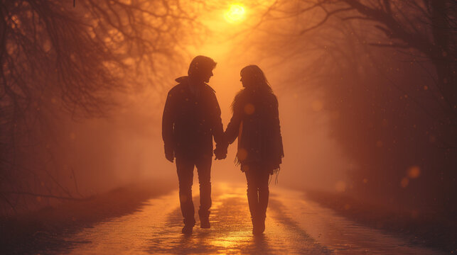 Silhouette of a young couple holding hands on the road through the misty sunrise forest.  Shiny romantic lovestory.  Happy valentine's day card. Generetiv AI.