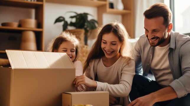 A warm family Happy parents playing with their children In the living room of a new apartment Two cute little daughters sitting in a cardboard box. Mom and Dad laughed and pushed.