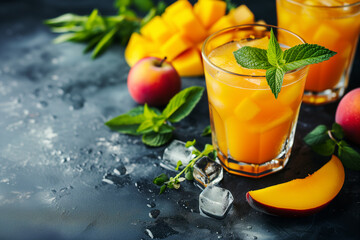 Fresh mango juice. cocktail. Frozen mango daiquiri with white rum garnished with fresh mint. Mango smoothie in glass with sliced fresh mango fruit . Creamy tropical drink. - obrazy, fototapety, plakaty