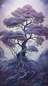 Fantasy watercolor painting of a tree with purple leaves, a purple trunk, and roots emerging from the ground