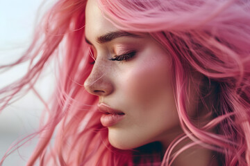Closeup portrait of pink haired woman