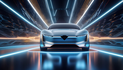 Futuristic Electric car Concept Displayed in a Neon-Lit Virtual Showroom