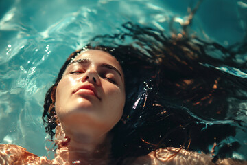 Woman with her head hanging in the water. 