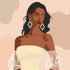 Vector flat fashion illustration of a beautiful African bride with an abstract face in delicate natural shades.
