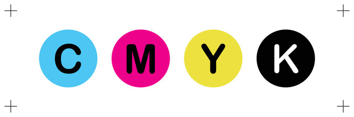 Cmyk print icon, circles in cmyk colors with Print Marks, Cyan, magenta, yellow, key, black, isolated on white background