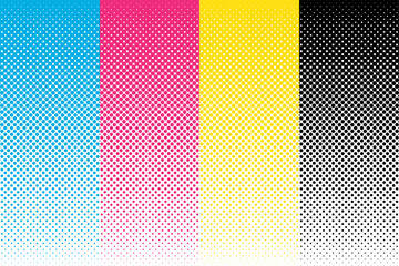 CMYK Halftone Stripes, Abstract Background Template. 4 Colorful Vertical Dotted Stripes