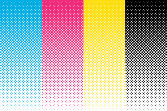 CMYK Halftone Stripes, Abstract Background Template. 4 Colorful Vertical Dotted Stripes