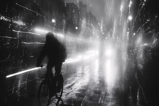 Silhouette of a person biking in rain at night with bright light trails