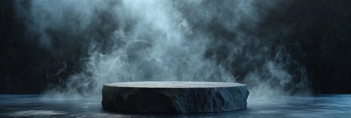black stone podium on a dark background with smoke