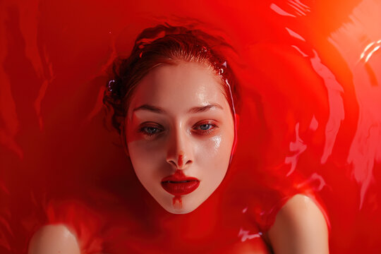Woman with her head hanging into red water. 