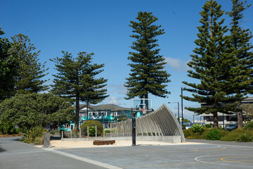 Napier Hawke's Bay New Zealand. Coast. Boulevard. Walkway. Park.Marine parade. Wooden beams. Pine...