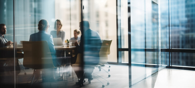Board meeting behind glass wall with people brainstorming