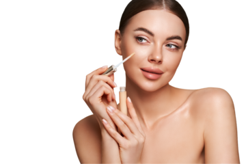 Portrait beautiful young woman with clean fresh skin. Model with foundation makeup bottle. Cosmetology, beauty and spa