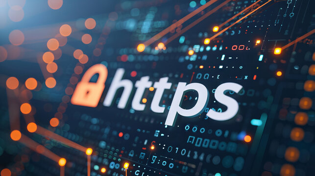 Https sign and a lock on a blue circuit board background, SEO term for a safe encrypted connection on Internet with SSL certificate.