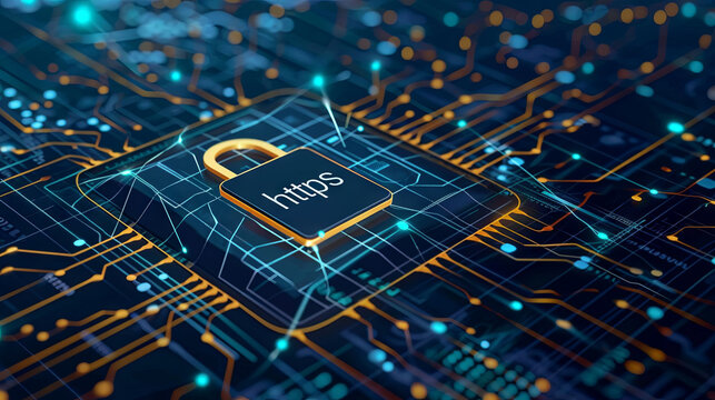 Https sign on padlock icon on a blue circuit board background, SEO term for a safe encrypted connection on Internet with SSL certificate. Secure browsing and online safety concept