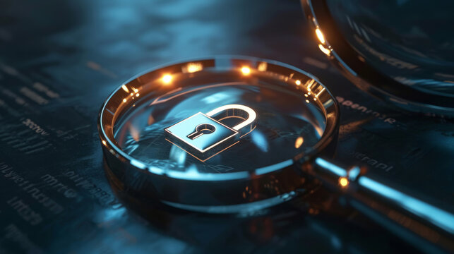 Magnifying glass focus on a padlock icon, against a motherboard dark blue background, concept of Https encrypted connection with SSL certificate, secured Internet browsing and safe searching