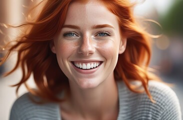 Fototapeta premium close-up, photo beauty portrait of a smiling young girl with red hair and freckles