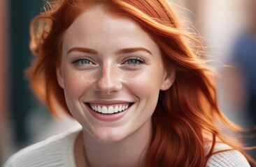 Fototapeta premium close-up, photo beauty portrait of a smiling young girl with red hair and freckles