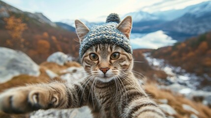 Obraz premium cat in knitted hat takes a selfie against the background of mountains