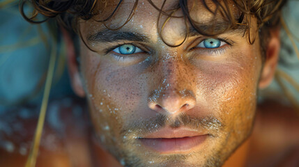 Closeup stunning handsome athletic summer sexy surfer model man with hazel blue eyes and brown hair looking posing on the beach