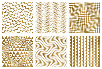 Vector seamless patterns set of different golden fashionable optical ornaments. Modern patterned tiles design. Samples of trending print on textile.