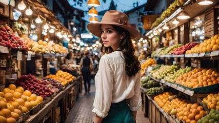 Obraz premium women wearing hat standing in fruits supermarket 