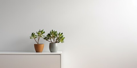 Minimalist interior with a white commode displaying a crassula plant.