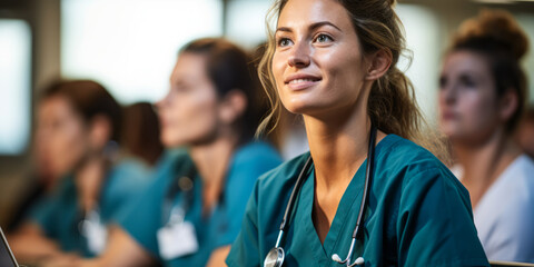 Medical School Journey: Female Student in Scrubs Participates in Class