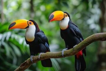 Two toucan tropical bird sitting on a tree