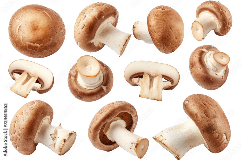 Poster set of fresh whole and sliced champignon mushrooms. top view