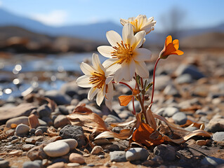 A tiny flower standing on the dried out dirt surface