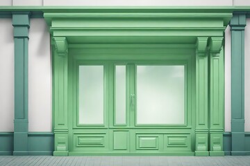 little chic green boutique facade with white windows, storefront template