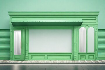 little chic green boutique facade with white windows, storefront template