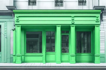 little chic green boutique facade , storefront template