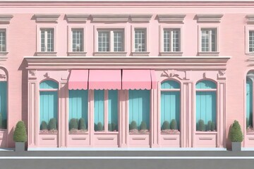 Fototapeta premium cute pink little chic boutique facade with awnings , storefront template