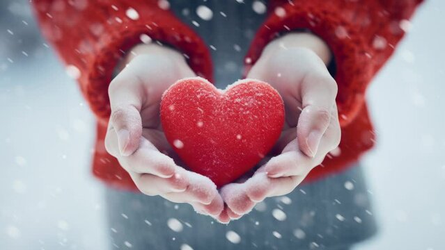 Valentine's Day, heart from hands, human making heart symbol with snowy hands, saint valentines day, girl hands in red mittens, boy, woman in red gloves in snow. valentine love woman and man winter
