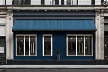 Fototapeta na wymiar dark blue and black boutique facade with awning , storefront template